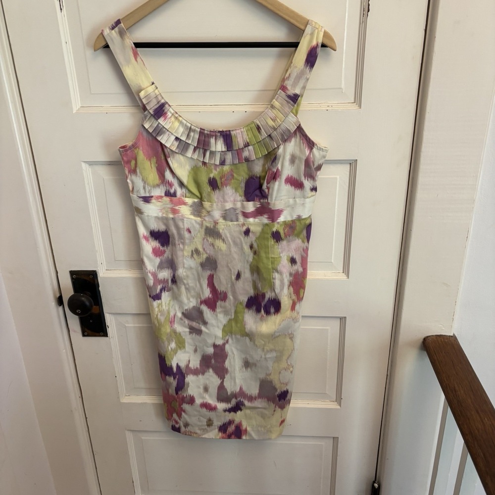 Loft Women's Sleeveless White Pastel Pattern Watercolor Dress Ruffle Neck Size 6